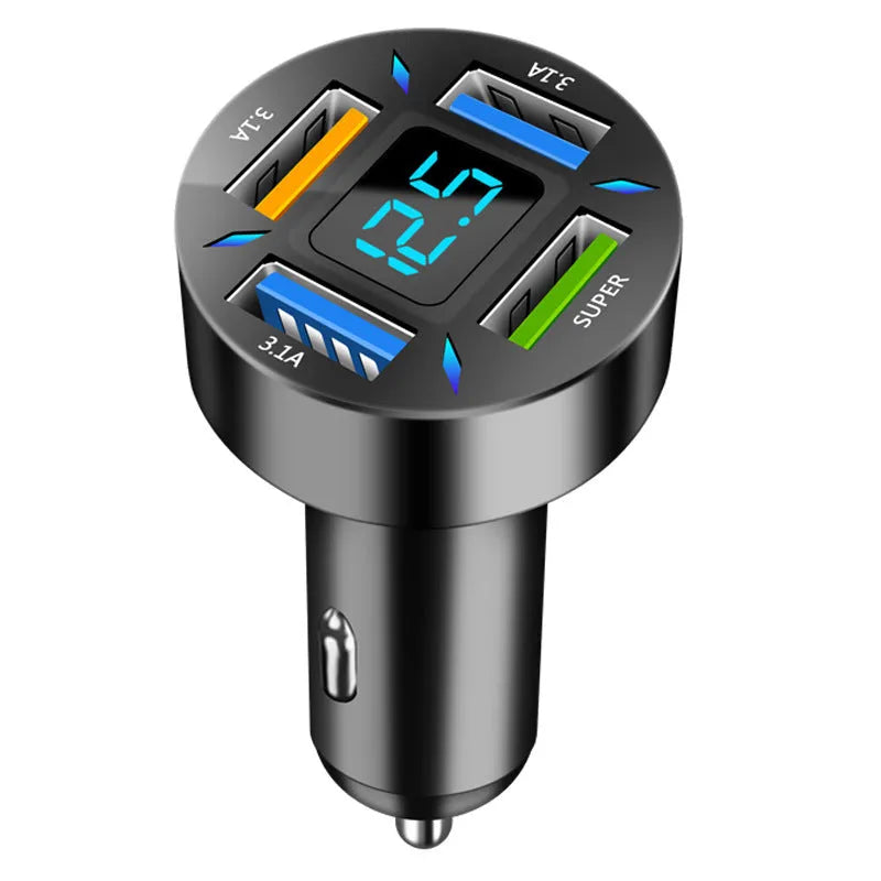 Black four-port USB car charger with LED digital display showing charging status