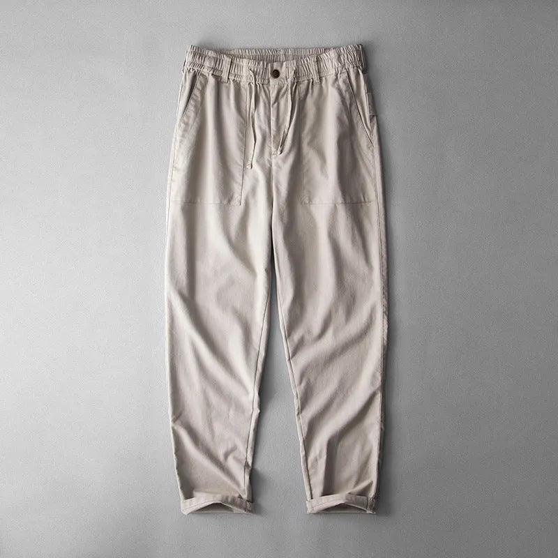Men's linen casual trousers in navy blue, apricot linen and grey colours with mid waist design