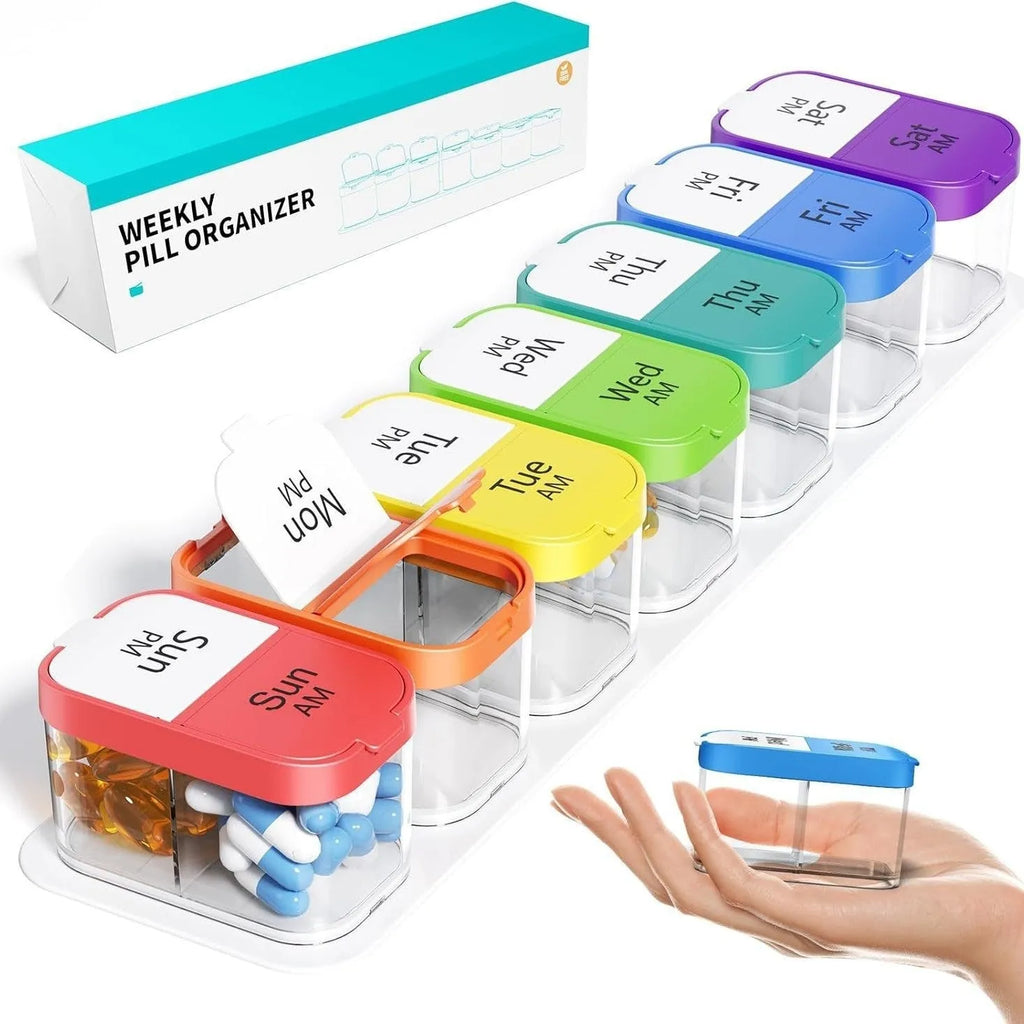 Portable 14-compartment pill box dispenser with removable sections in white or rainbow colours
