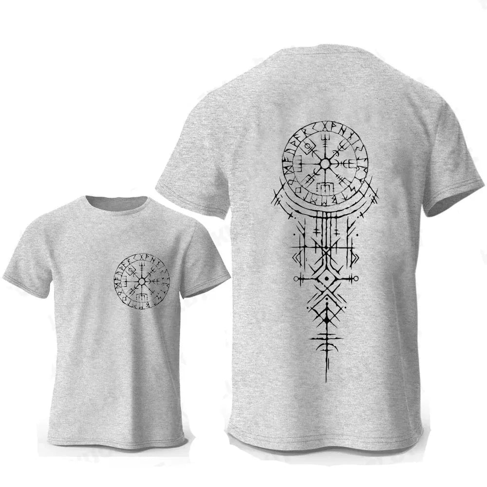 A man's grey cotton T-shirt with a printed Viking Rune Compass design on the chest.