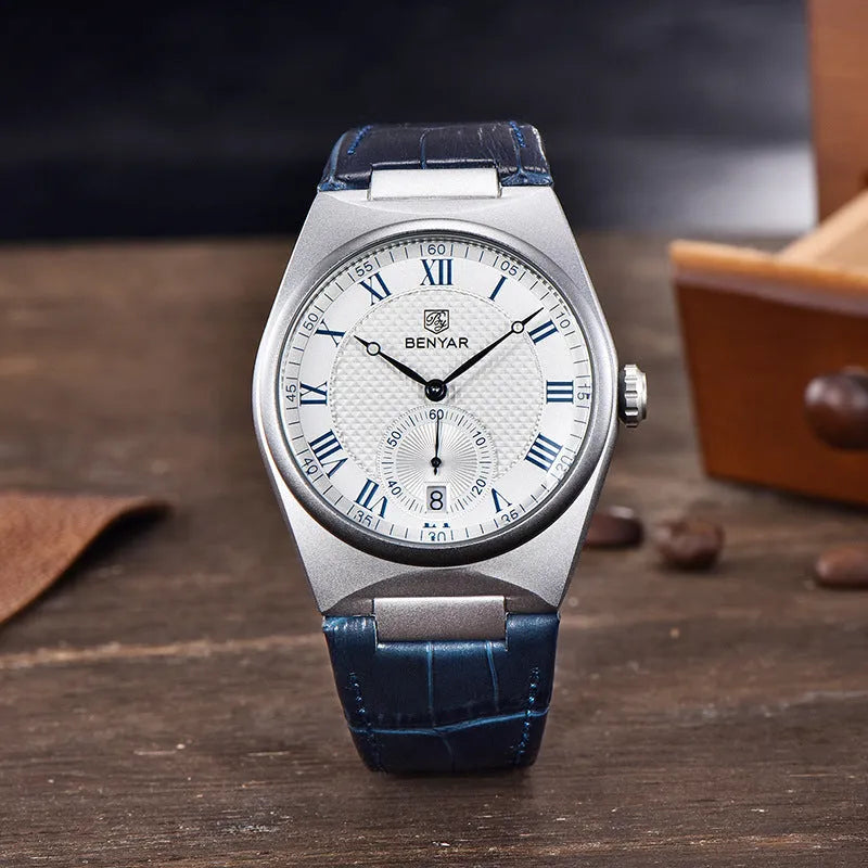 Men's quartz watch with calendar, waterproof, 12mm thickness, black shell black surface on wrist
