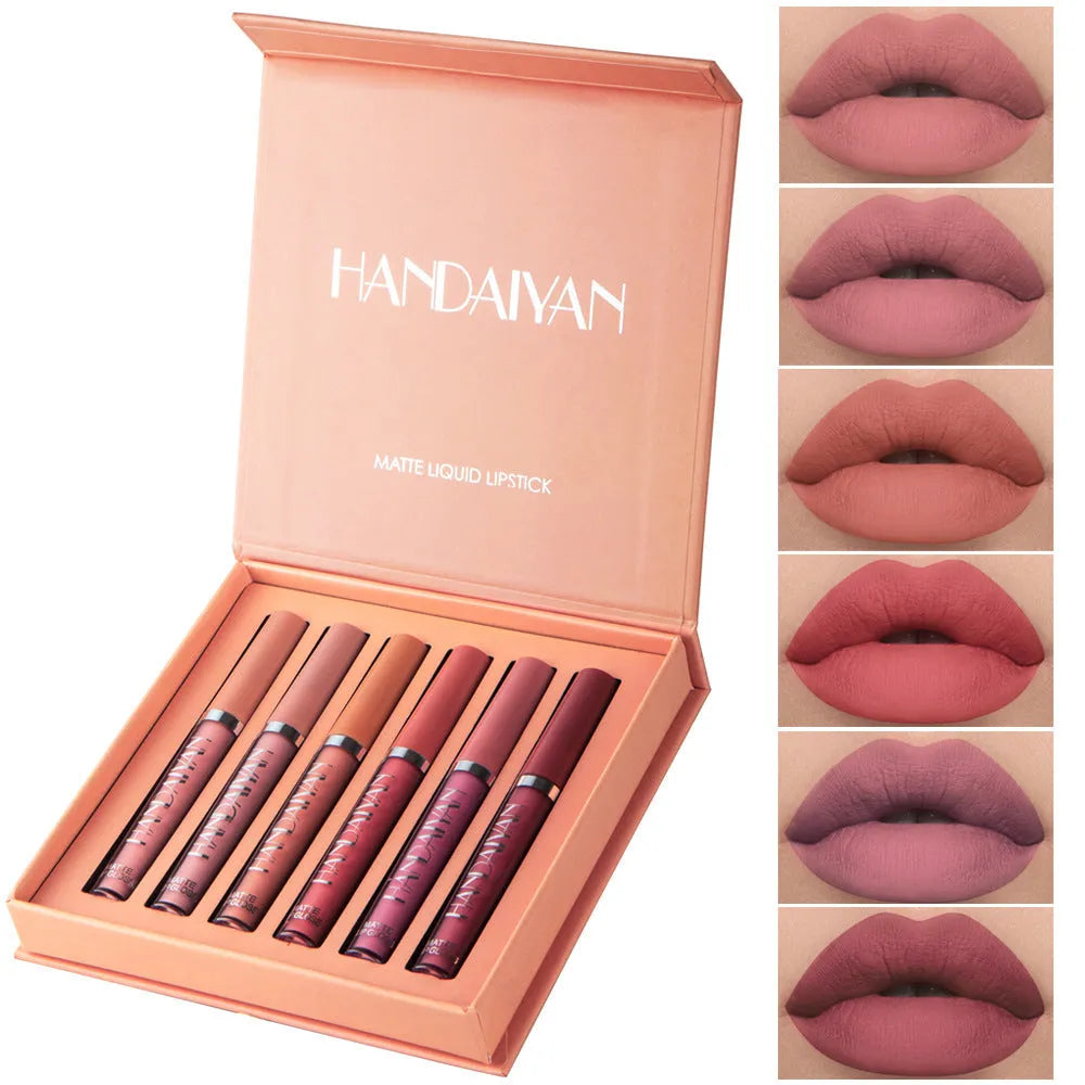 HANDAIYAN non-sticky matte liquid lipstick set gift box with six assorted shades and high-shine gloss