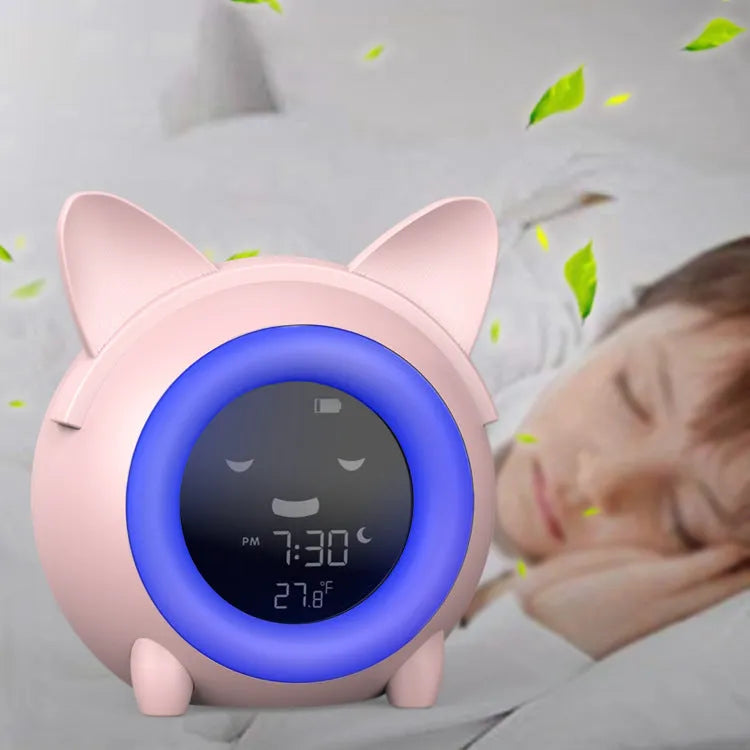Small round plastic alarm clock with LCD number display in light blue, with alarm and thermometer functions for home or office use