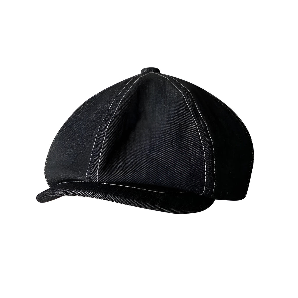 Black Japanese denim cotton beret hat with retro octagonal design