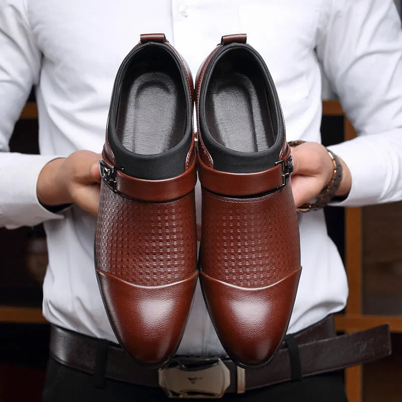 Men's black leather toe cap formal shoes with rubber sole on white background
