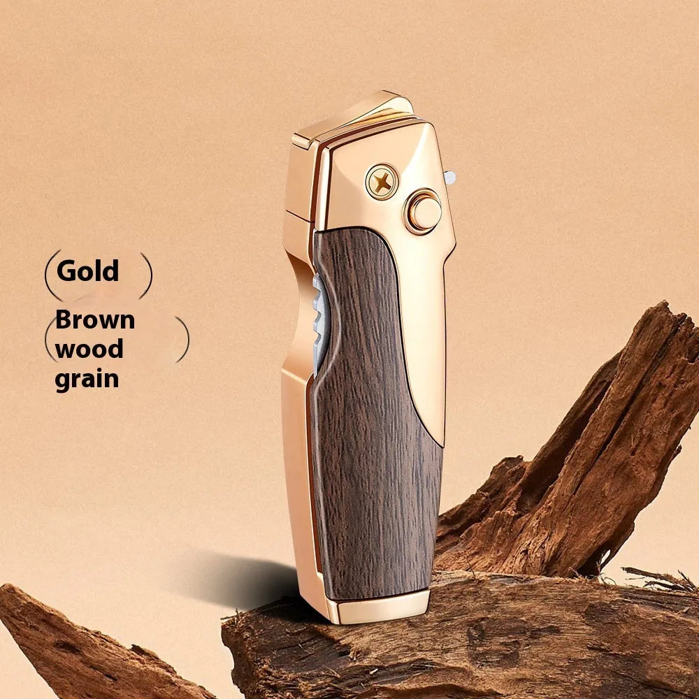 Metal folding lighter with integrated pocket knife tool in a wood grain finish.