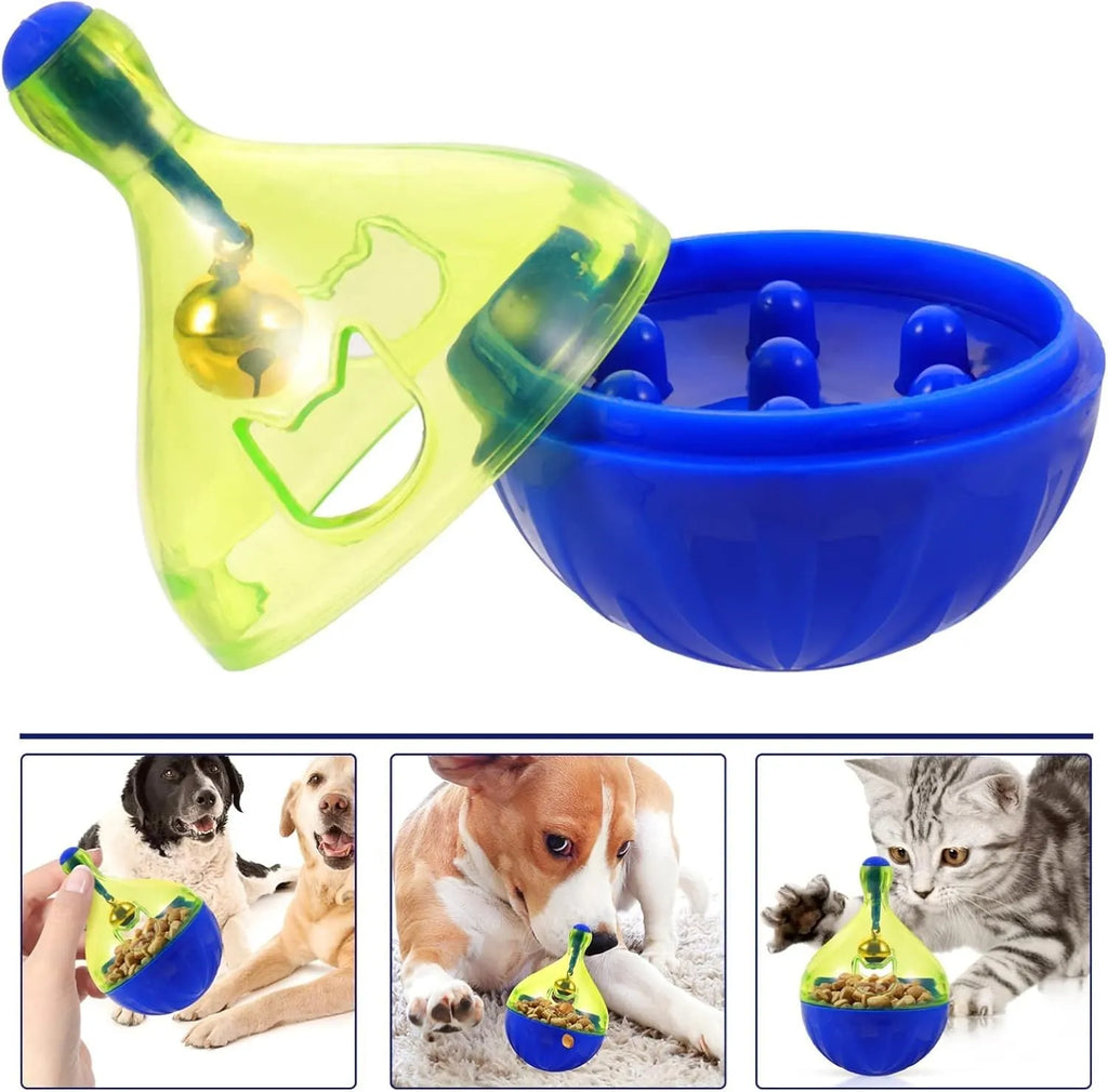Blue and white tumbler-shaped interactive dog and cat treat dispenser puzzle toy