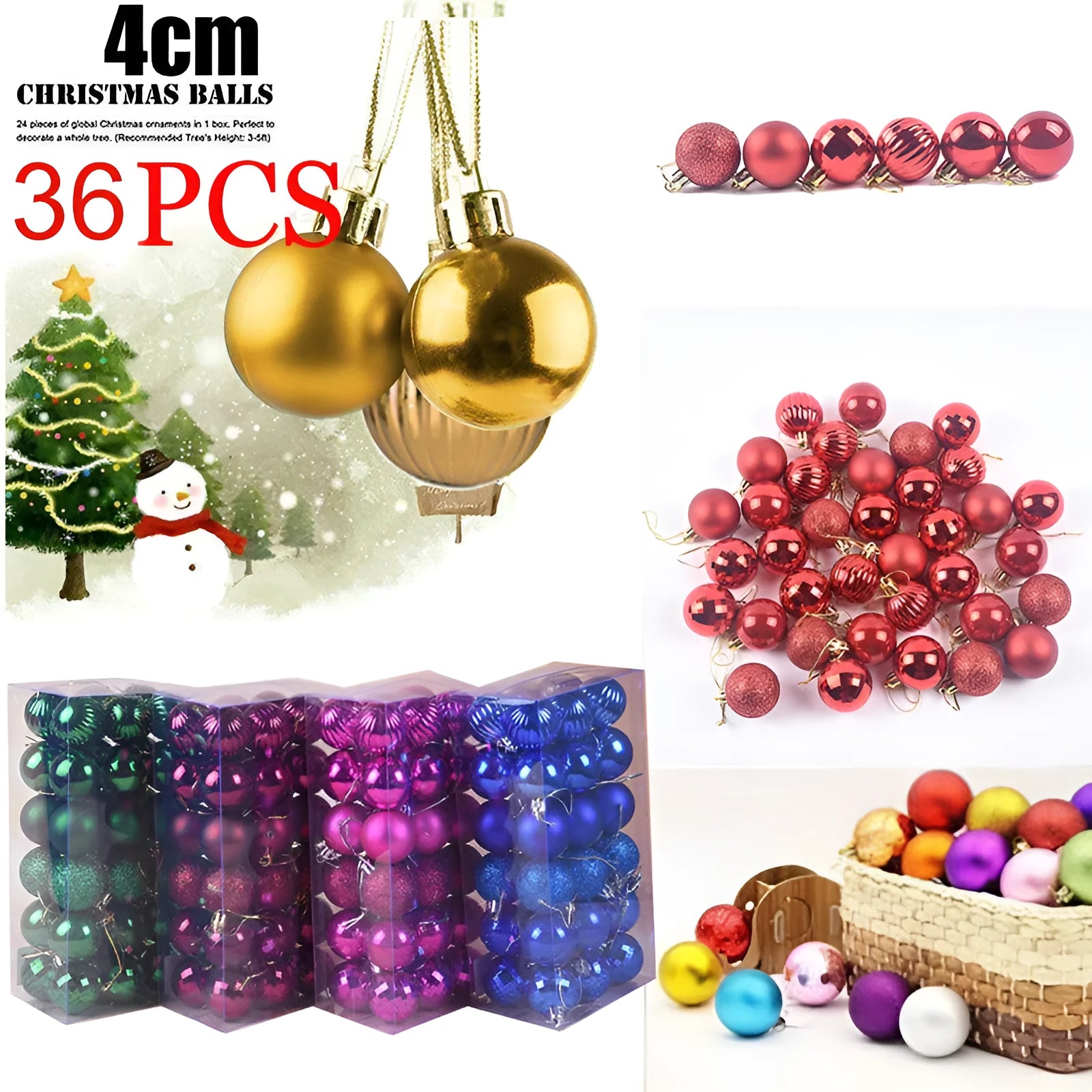 36 assorted Christmas balls in a whole box, each 4cm diameter, multicolour
