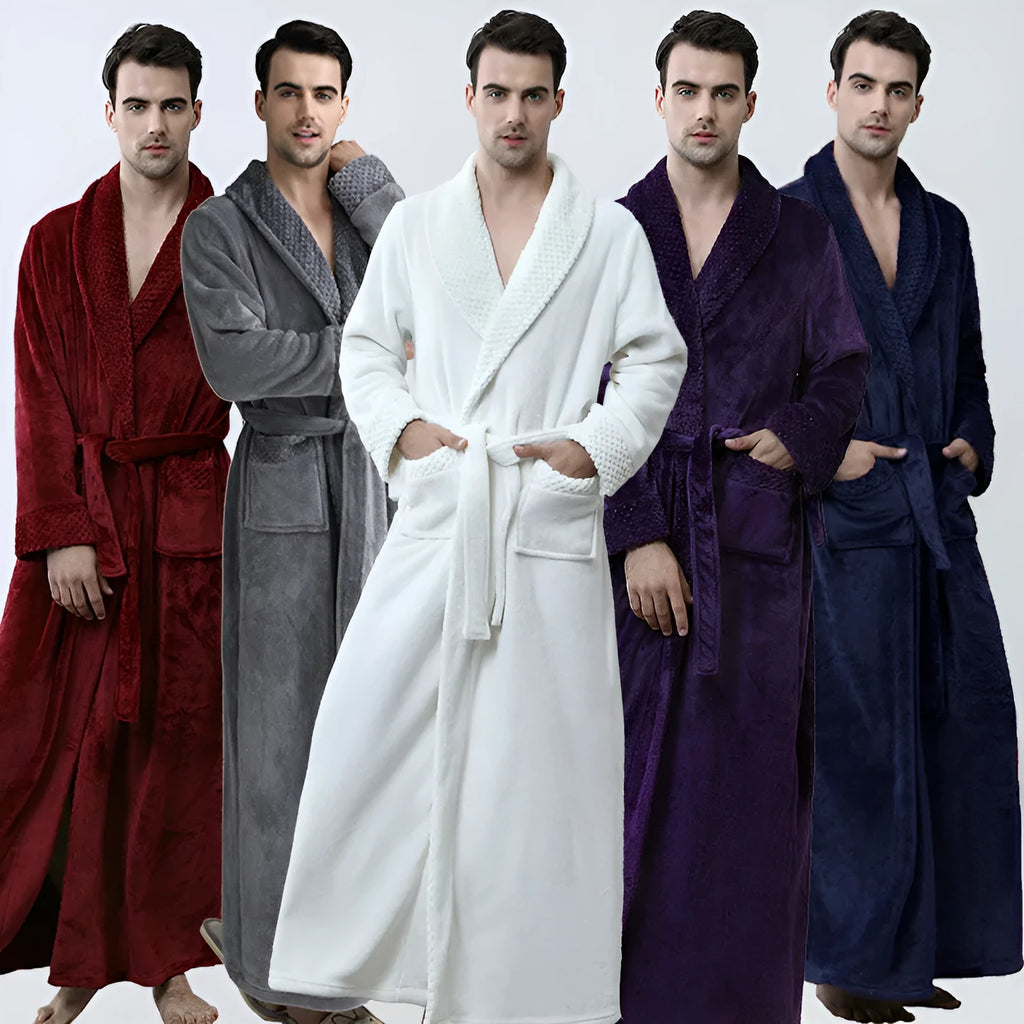 Men's winter flannel nightgown in gray with cardigan style, long sleeves, and knitted texture