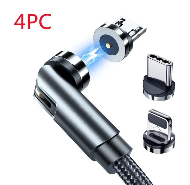 Essager black magnetic USB cable with rotating connector and blue LED light, shown next to phone