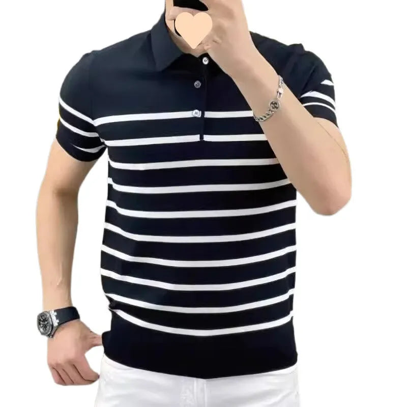 Black and white striped pullover T-shirt with a lapel-style neckline laid flat.
