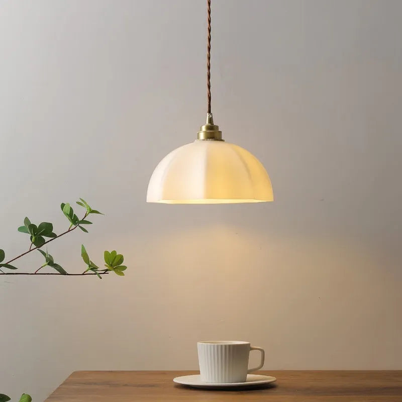 Chinese-style brass indoor droplight with copper glass shade for bedside or study lighting