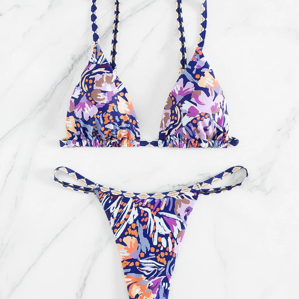 Women's floral print triangle bag swimsuit in polyester fabric with briefs cut