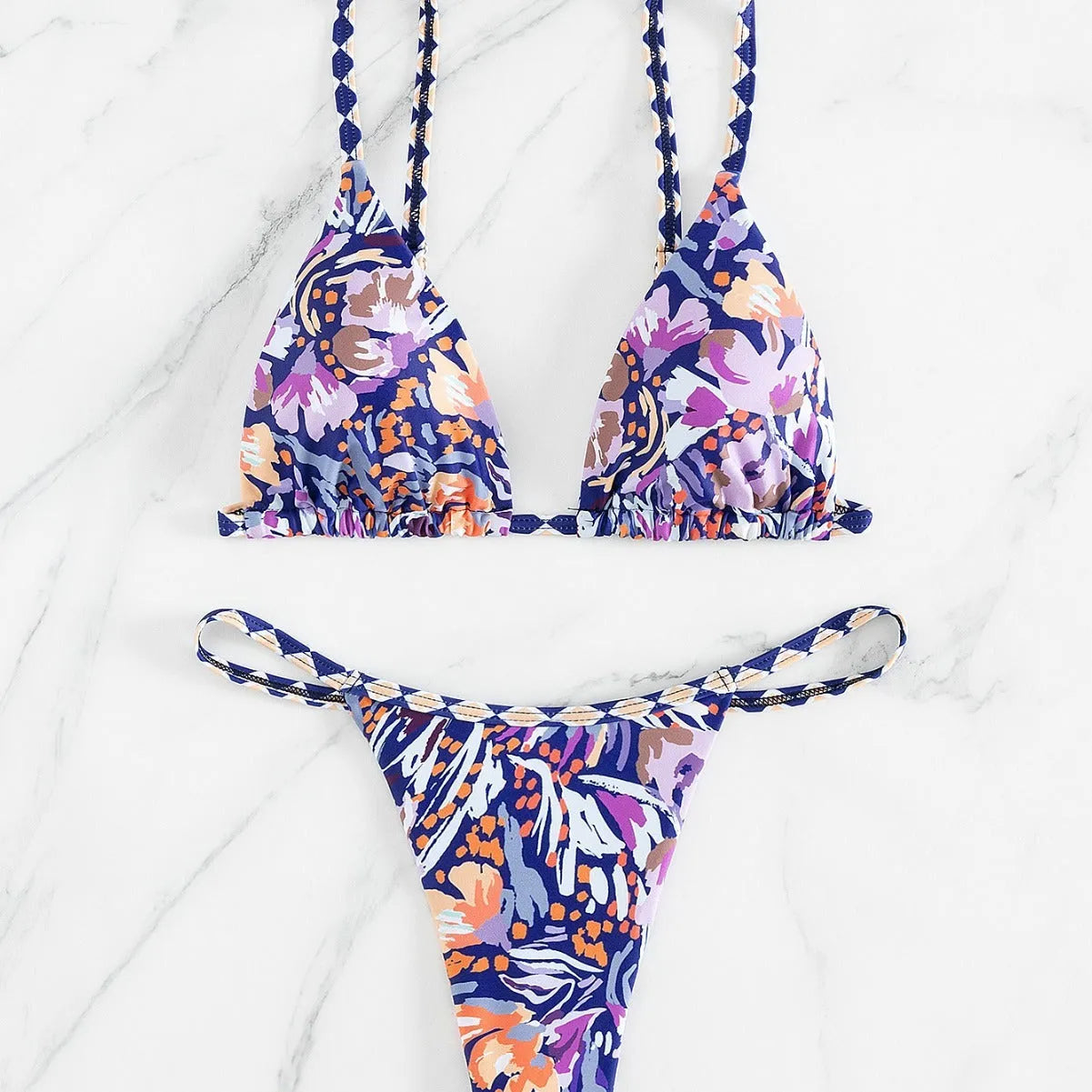 Women's floral print triangle bag swimsuit in polyester fabric with briefs cut