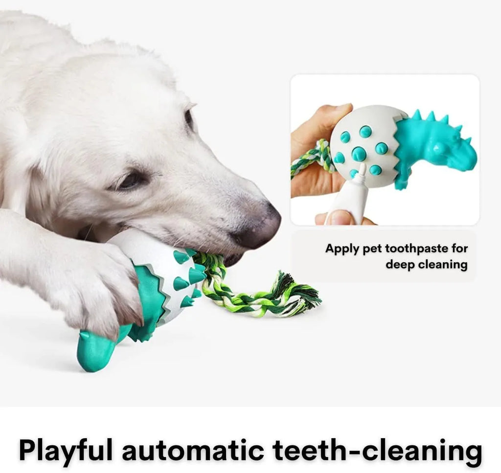 Blue durable dinosaur-shaped dog chew toy with textured grooves and an attached rope for aggressive chewers