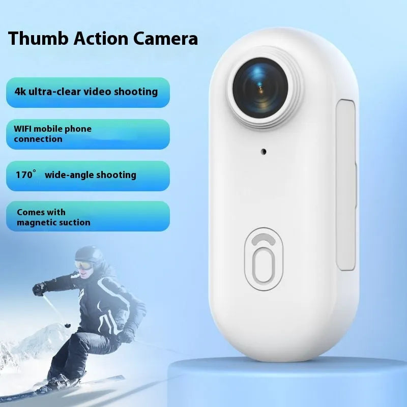 H88 thumb-sized 4K mini sports camera with magnetic mount and waterproof case on a black background