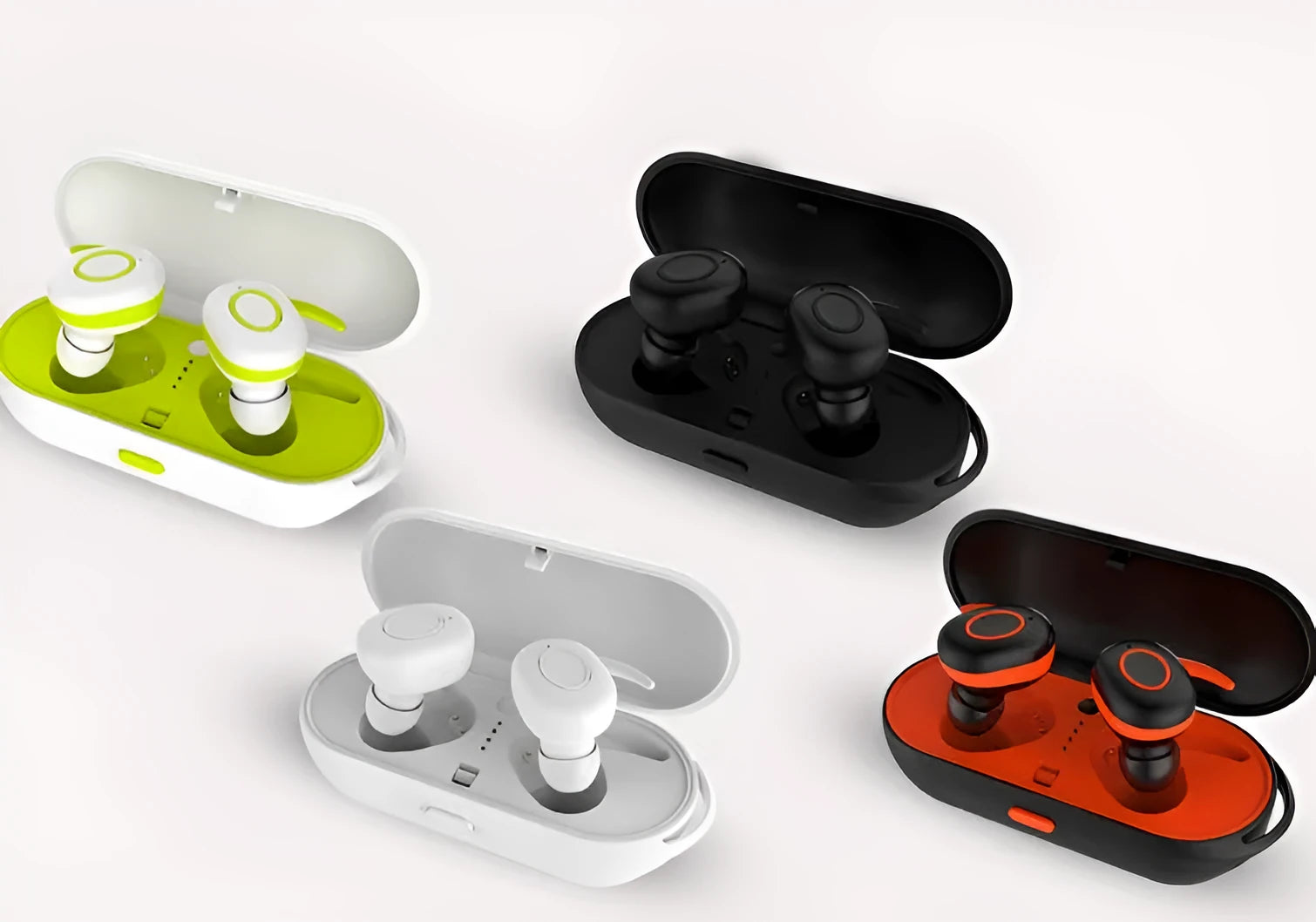 CSR Air-TWS Bluetooth wireless earphones in black, green, red, and white colours with in-ear sports design