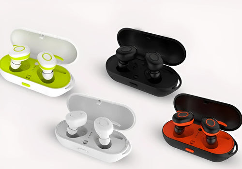 CSR Air-TWS Bluetooth wireless earphones in black, green, red, and white colours with in-ear sports design