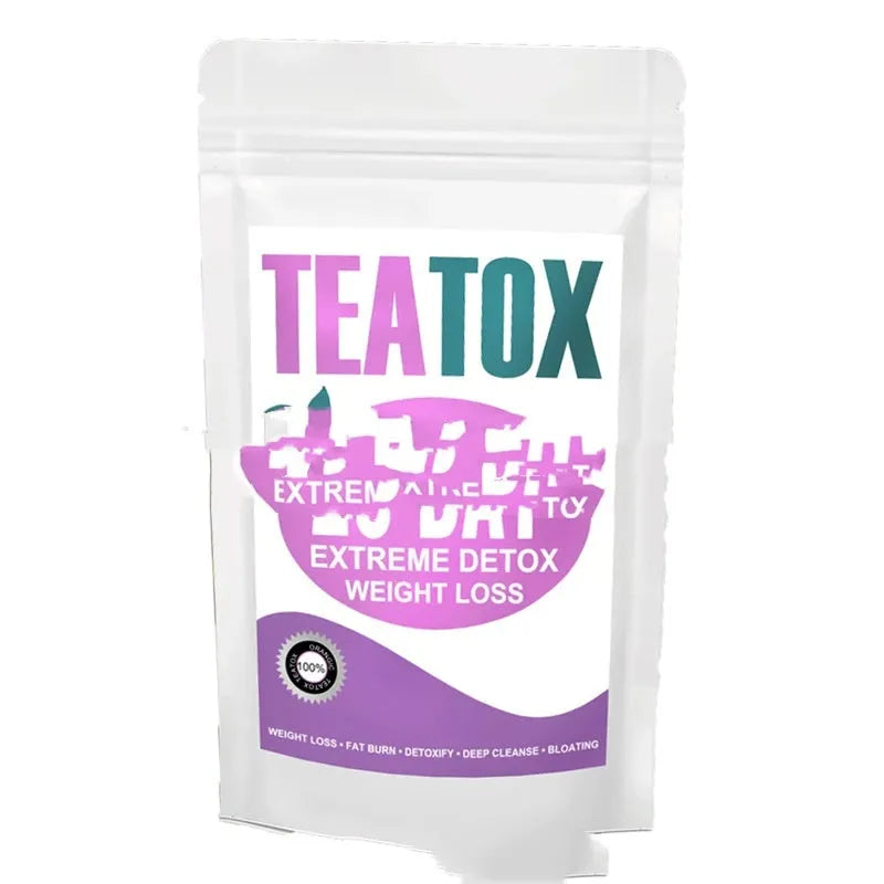 Single tea bag from a 28-day herbal slimming tea programme for women, showing one of thirteen variety options.
