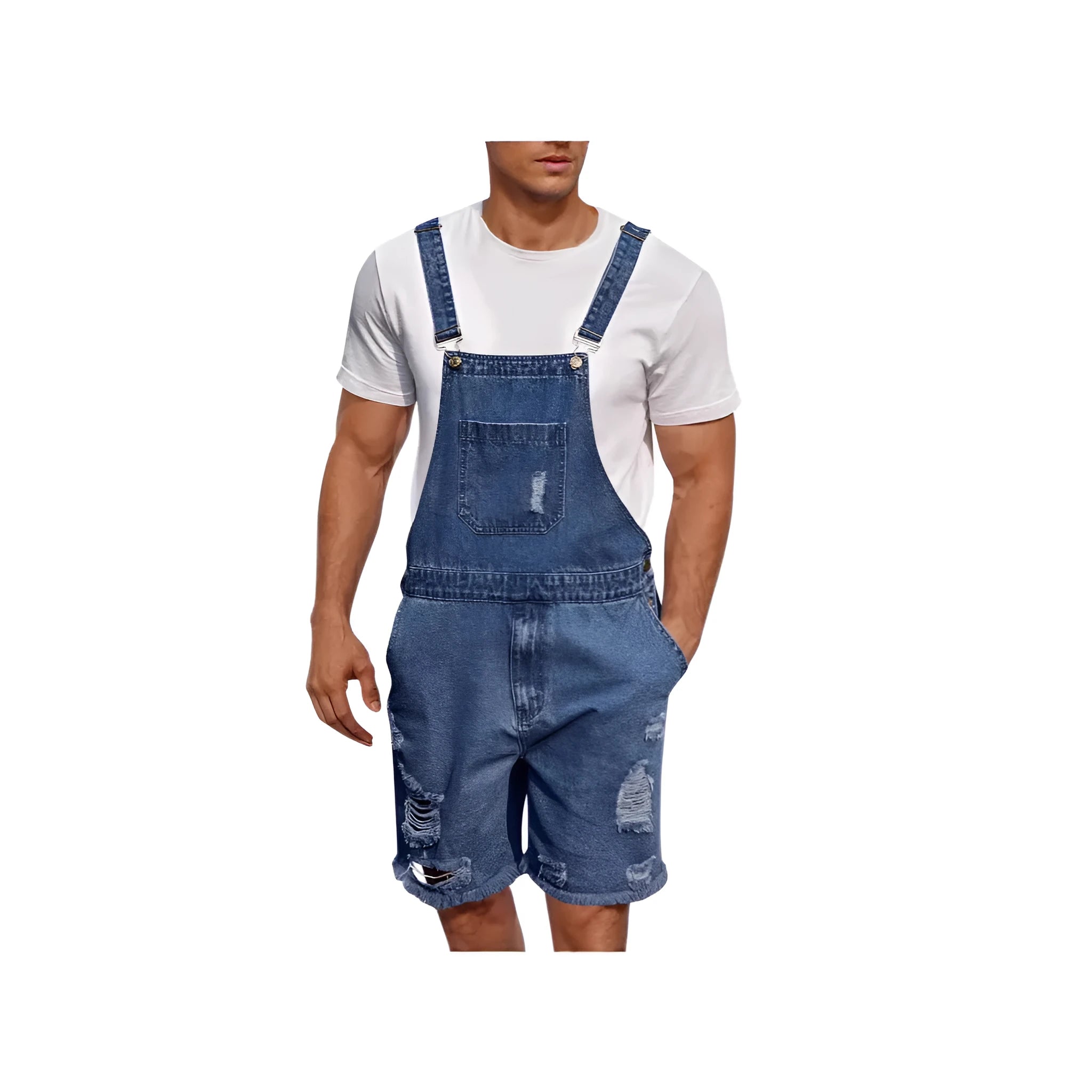 Men's dark blue ripped denim shorts with integrated suspender straps and straight-leg cut
