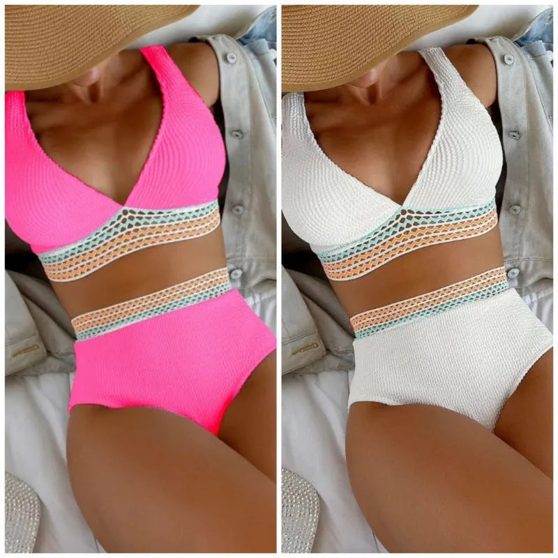 Women's high waist bikini set in solid pink colour, made from nylon fabric.