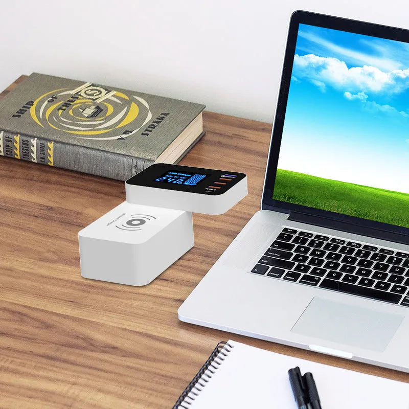 White multi USB port fast charger with wireless charging pad and EU UK US plug adapters