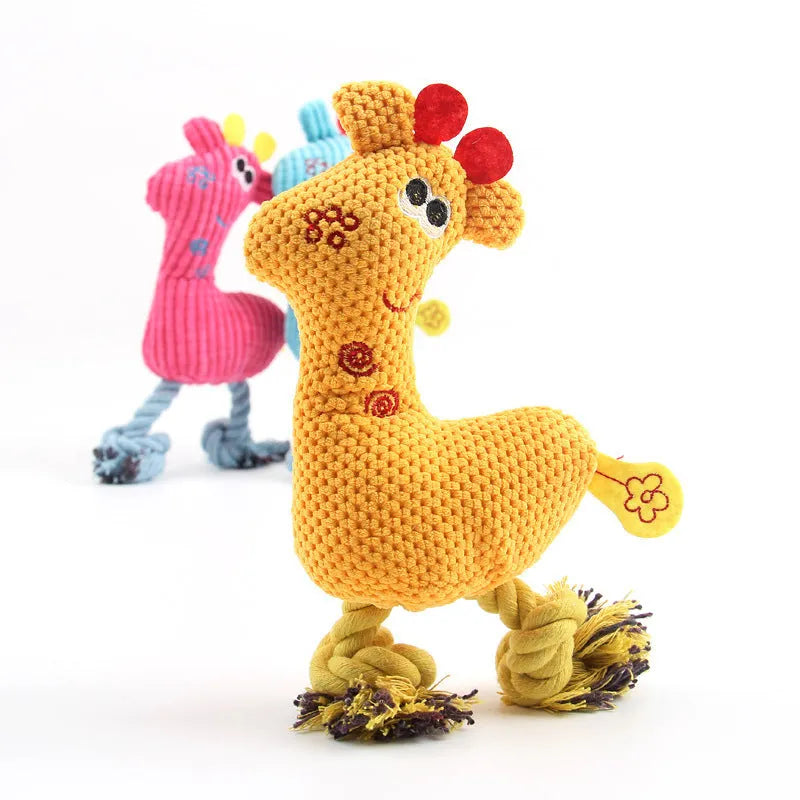 Blue plush deer-shaped dog toy with corn grain texture and sound function.
