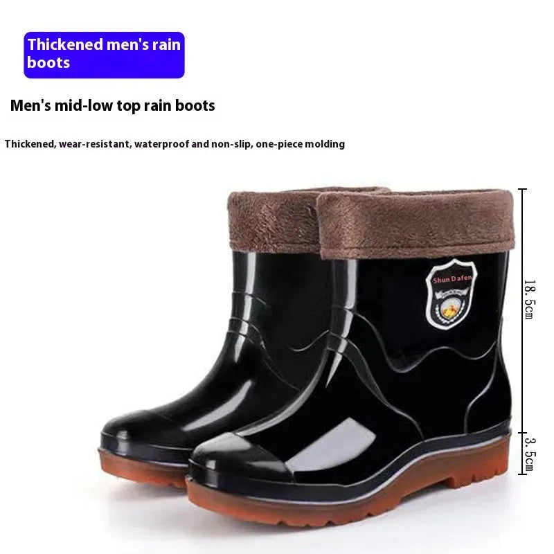 Men's black 20cm PVC rain boots with beef tendon sole, fleece lined, round toe, oversleeve style