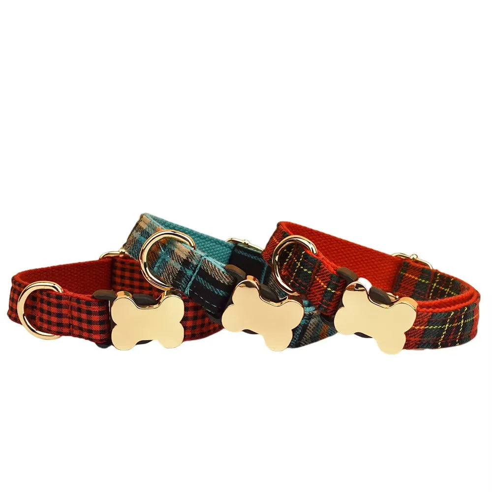 Flat nylon dog collar with printed grid pattern and bone buckle in assorted colours