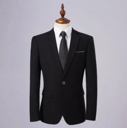 Men's single-breasted flat collar business suit set in dark blue with jacket and trousers on display