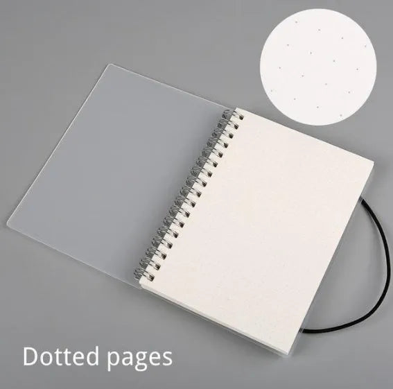 Plastic cover spiral coil notebook with transparent PVC cover, elastic rope closure, and cream paper pages