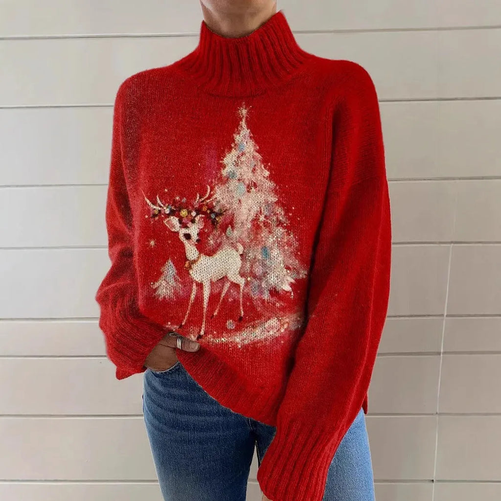 Women's Christmas printed turtleneck sweater in loose fit with festive design