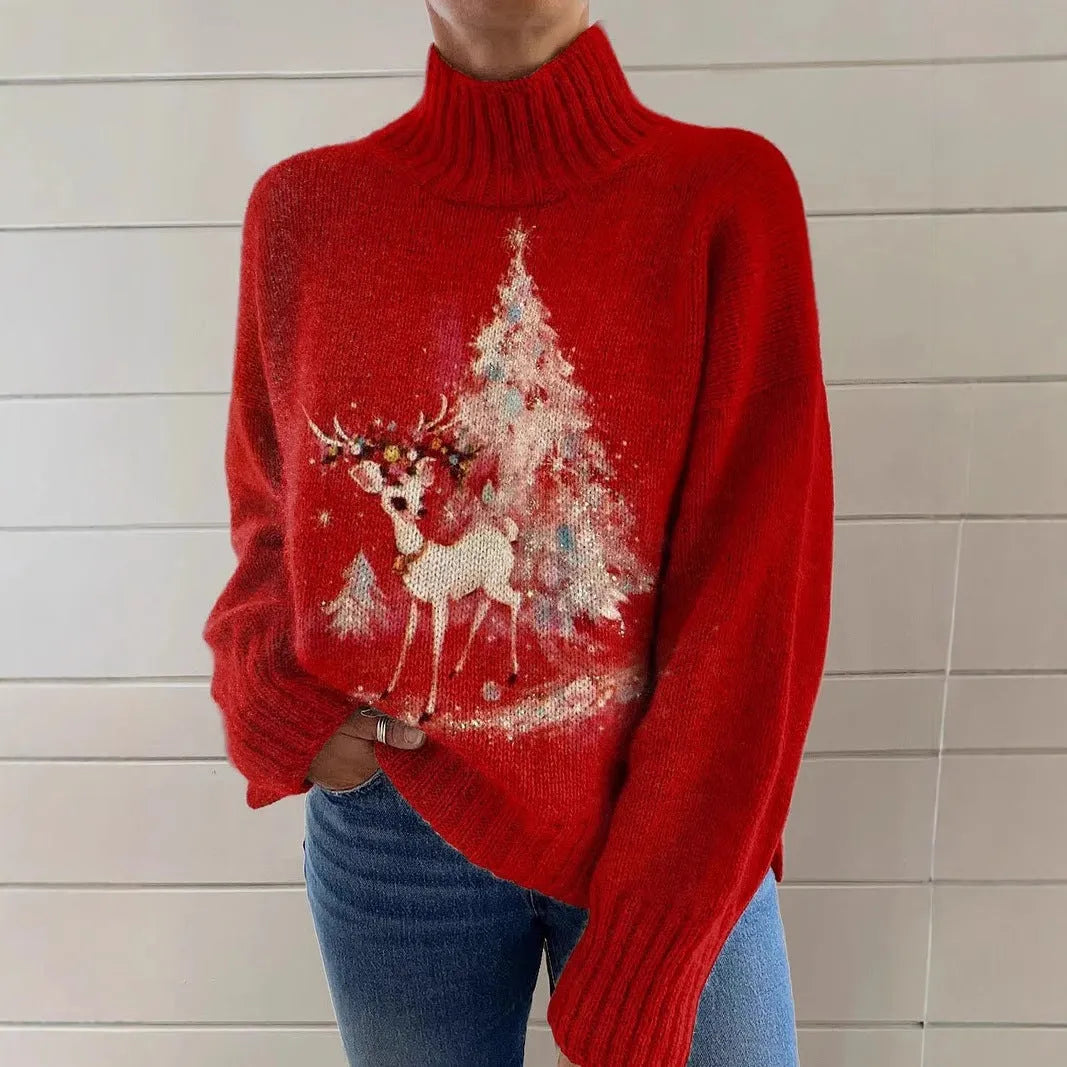 Women's Christmas printed turtleneck sweater in loose fit with festive design