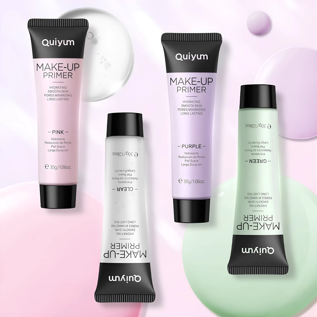 Colour-correcting moisturising makeup primer in 30g container with green, pink, and purple shade options