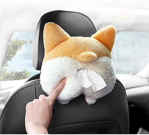 Yellow soft plush corgi butt shaped tissue box cover with elastic strap for car or home.