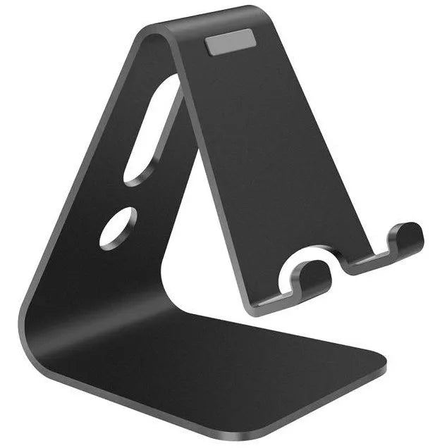 Metal aluminium alloy phone stand holding a mobile phone, available in black, red, rose gold, and silver colours