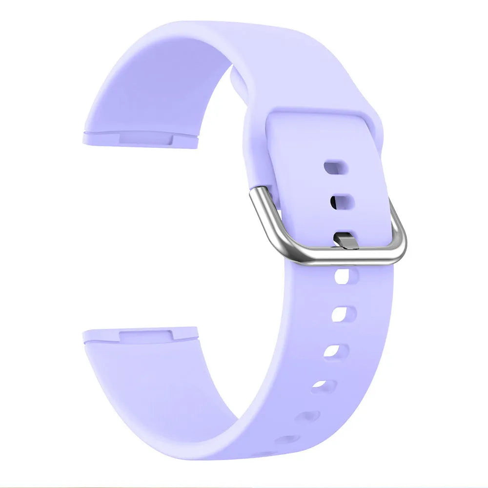 Silicone replacement strap with silver buckle for Fitbit Versa 3 and Sense 2 in multiple solid colours.