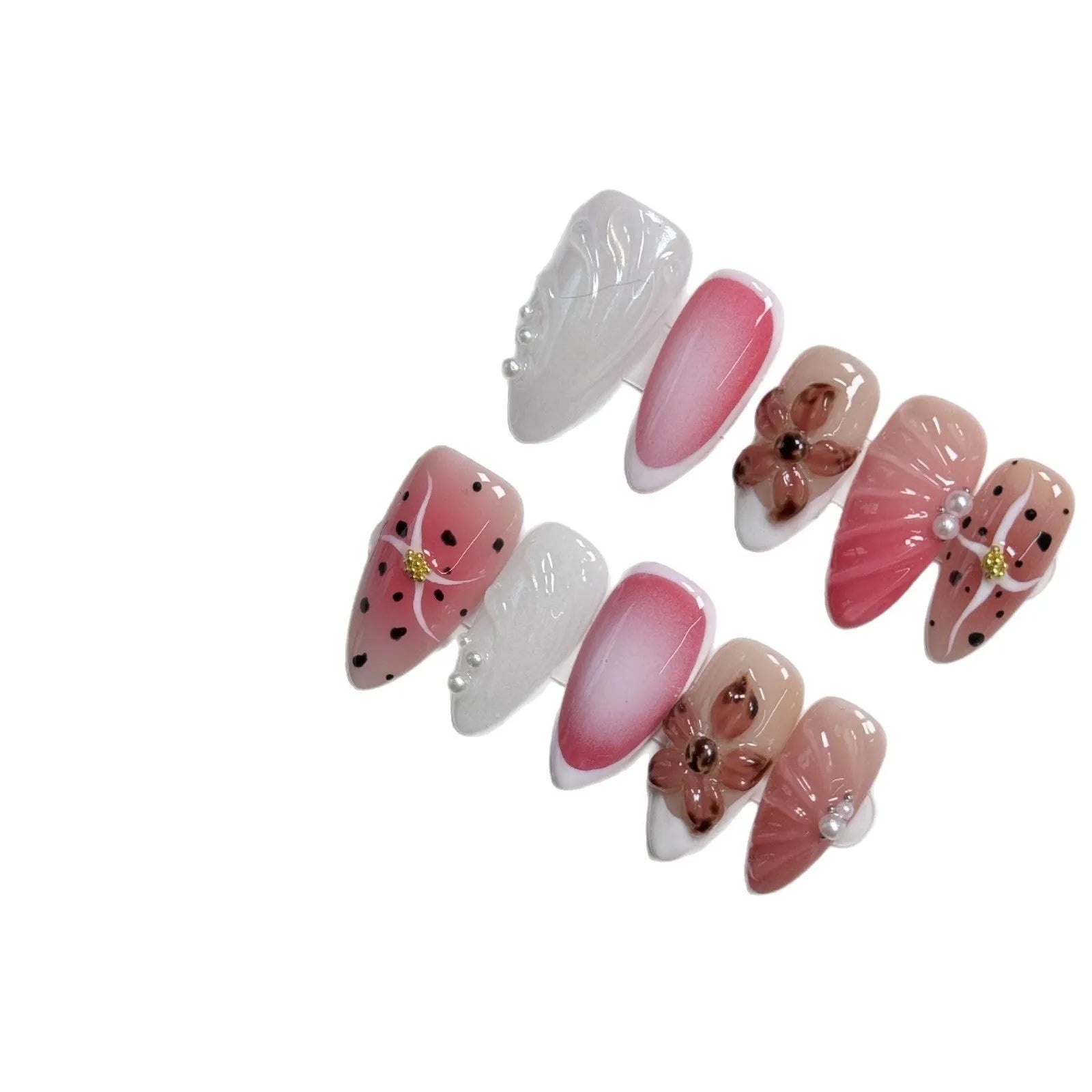 Hand-painted three-dimensional carved nail beauty patches in candy colours for almond-shaped nails
