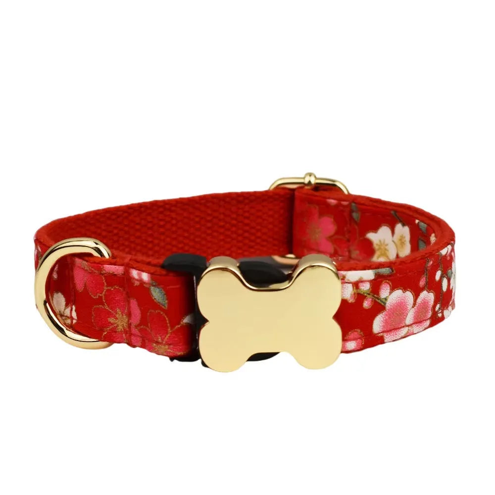Flat nylon dog collar with printed grid pattern and bone buckle in assorted colours