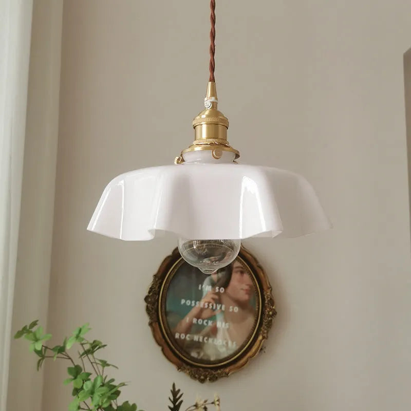 Medieval French brass flower bud cream glass chandelier with adjustable height