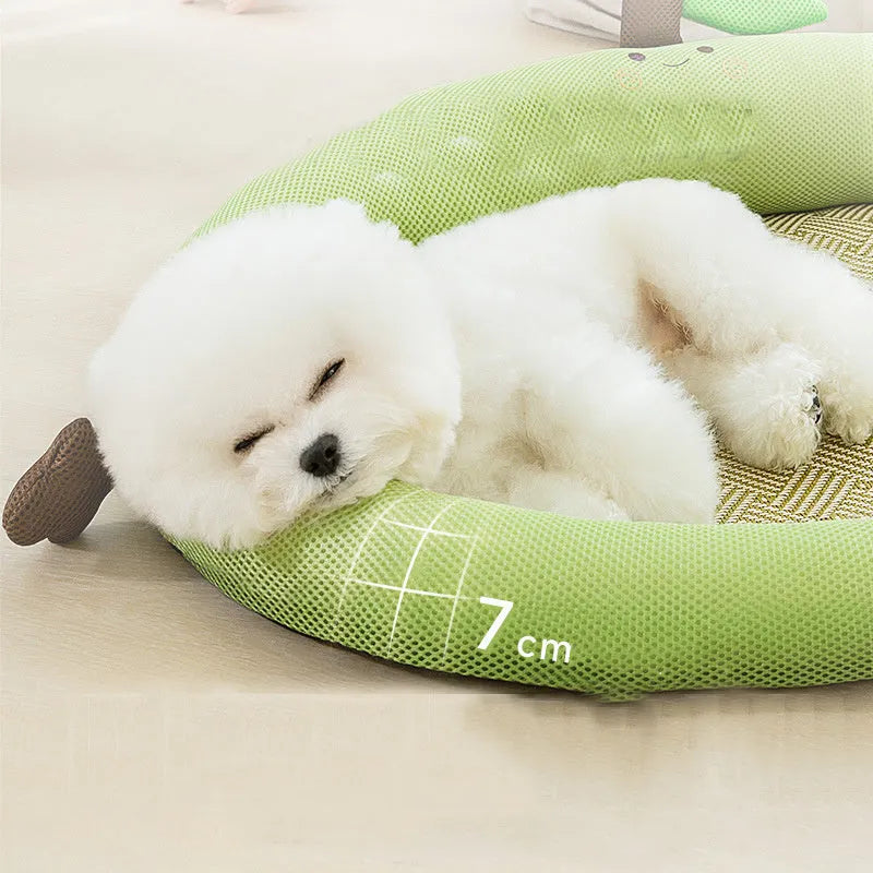 Green fruit backrest pet cooling mat for dogs and cats on a wooden floor