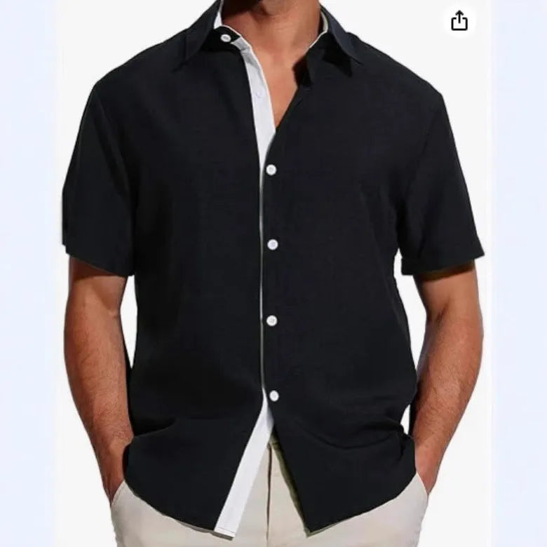 Men's short-sleeved floral shirt in polyester fabric showing regular fit and cardigan styling