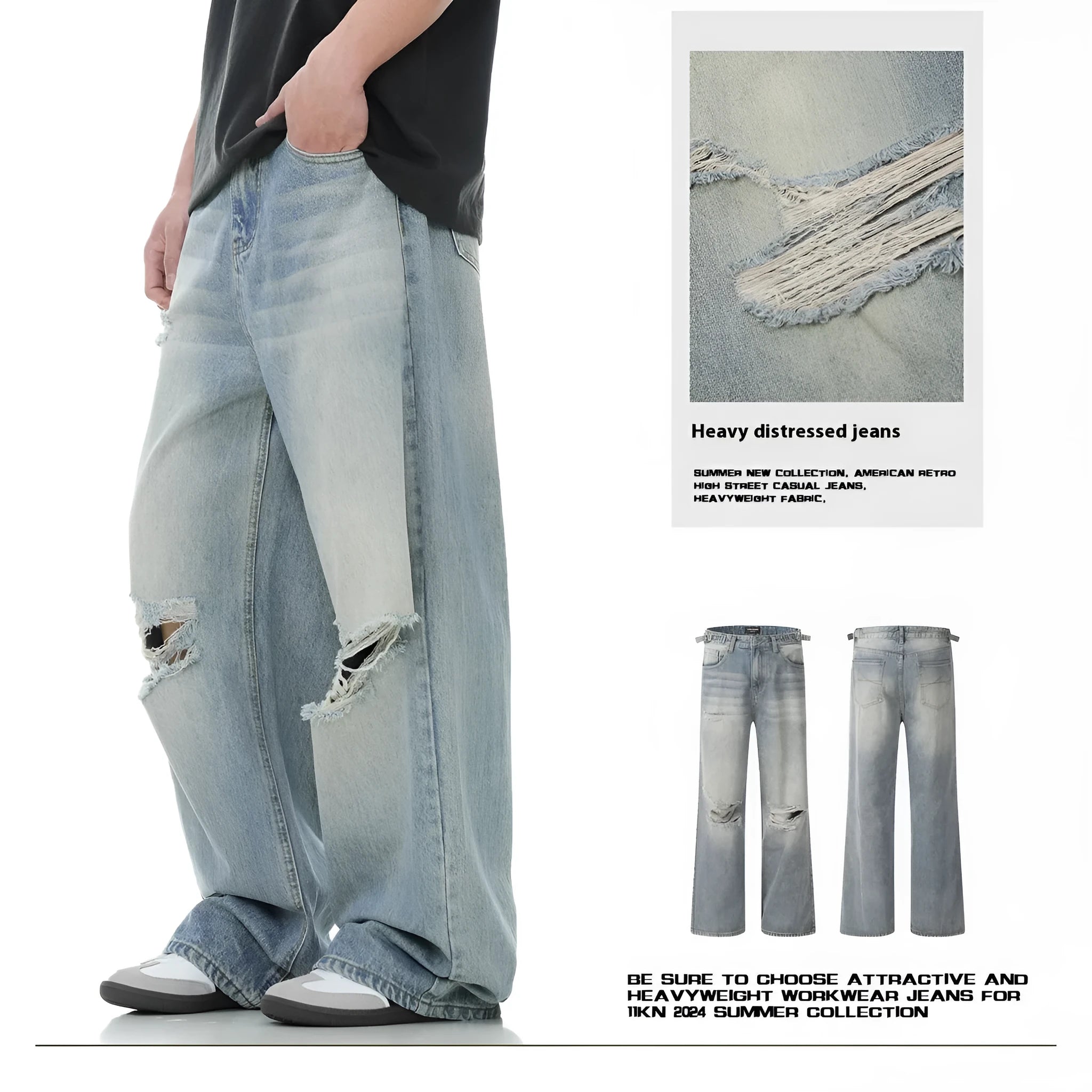 Denim blue straight-leg jeans with ripped details and zip fly closure