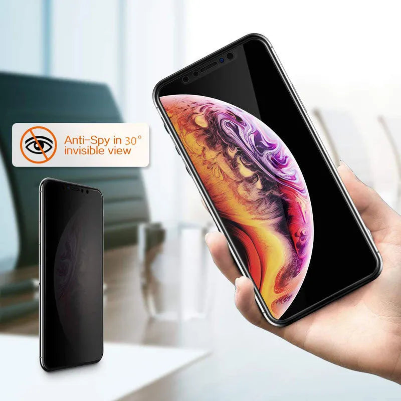 Black anti-peeping tempered glass screen protector for Apple iPhones on white background