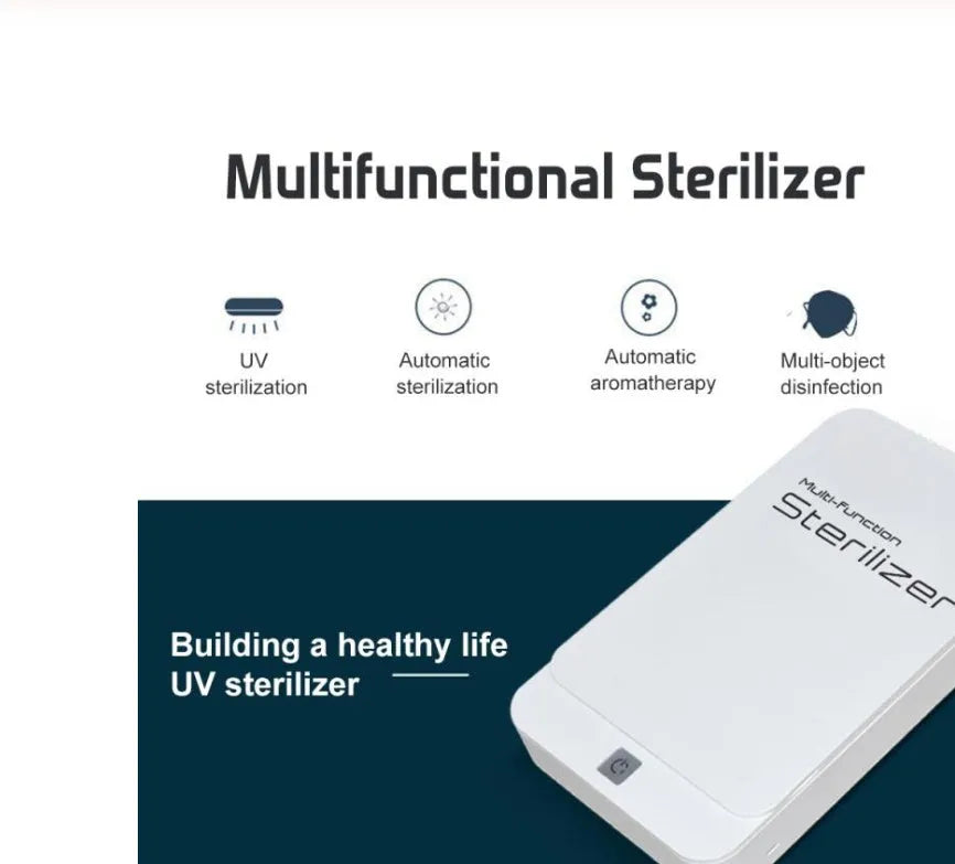 Blue UV phone sterilizer disinfection machine with open lid showing interior chamber