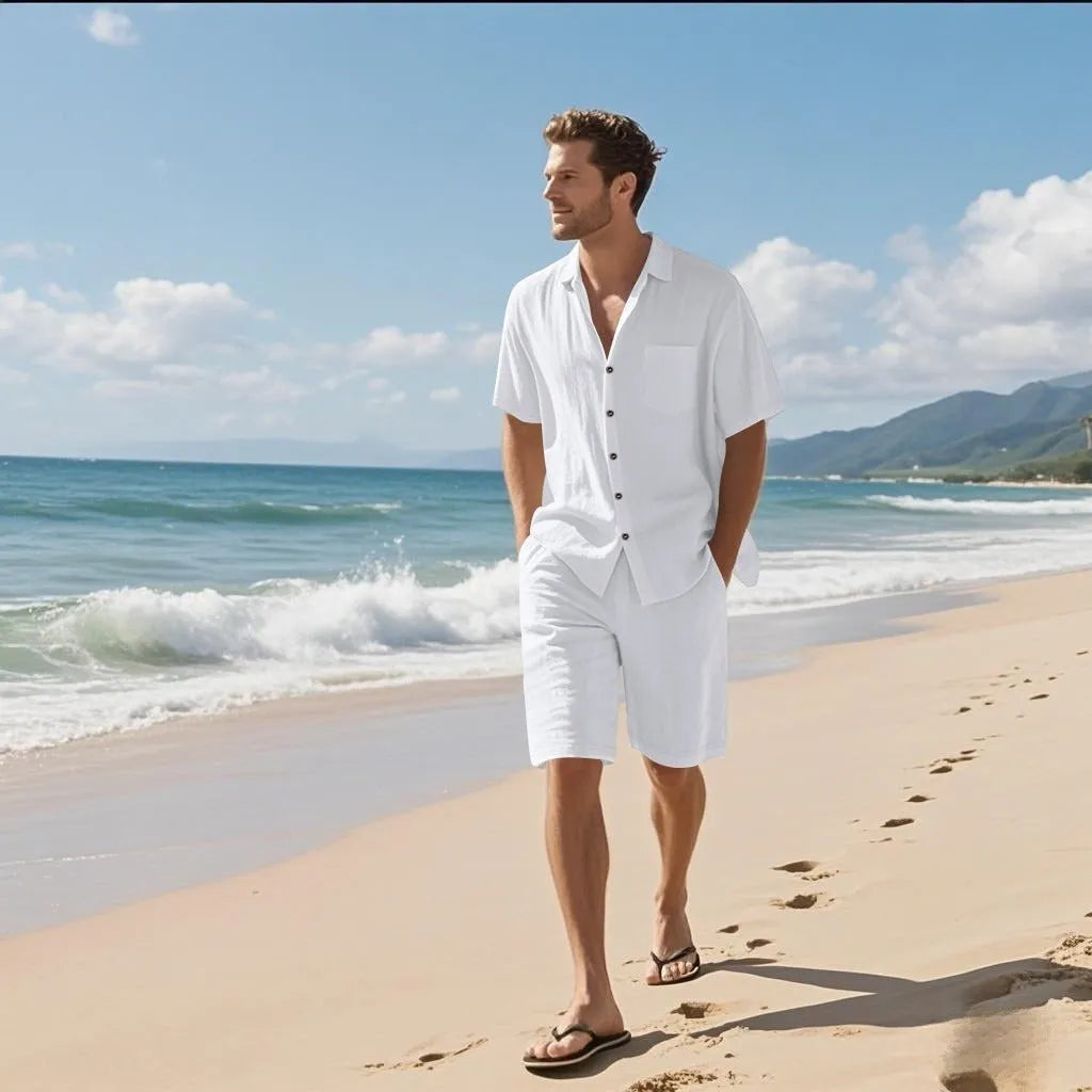 Linen blend short sleeve shirt and shorts beach suit set shown in light blue colour.