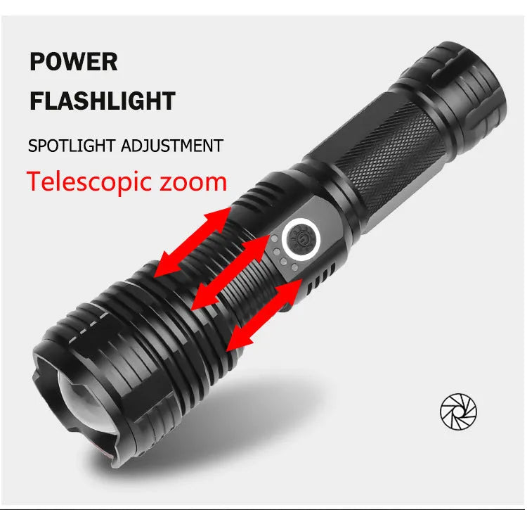 P70 USB charging outdoor flashlight with XHP 70 LED and telescopic zoom in aluminium alloy body