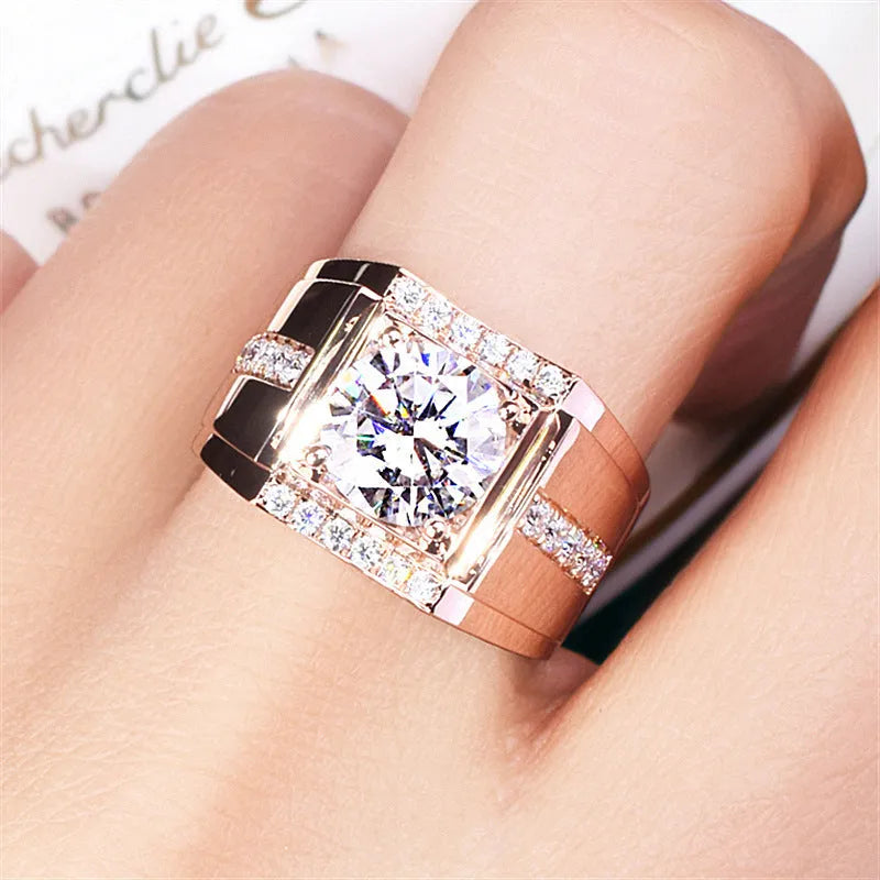 Men's adjustable geometric diamond ring with imitation moissanite in rose gold, gold, or platinum colour