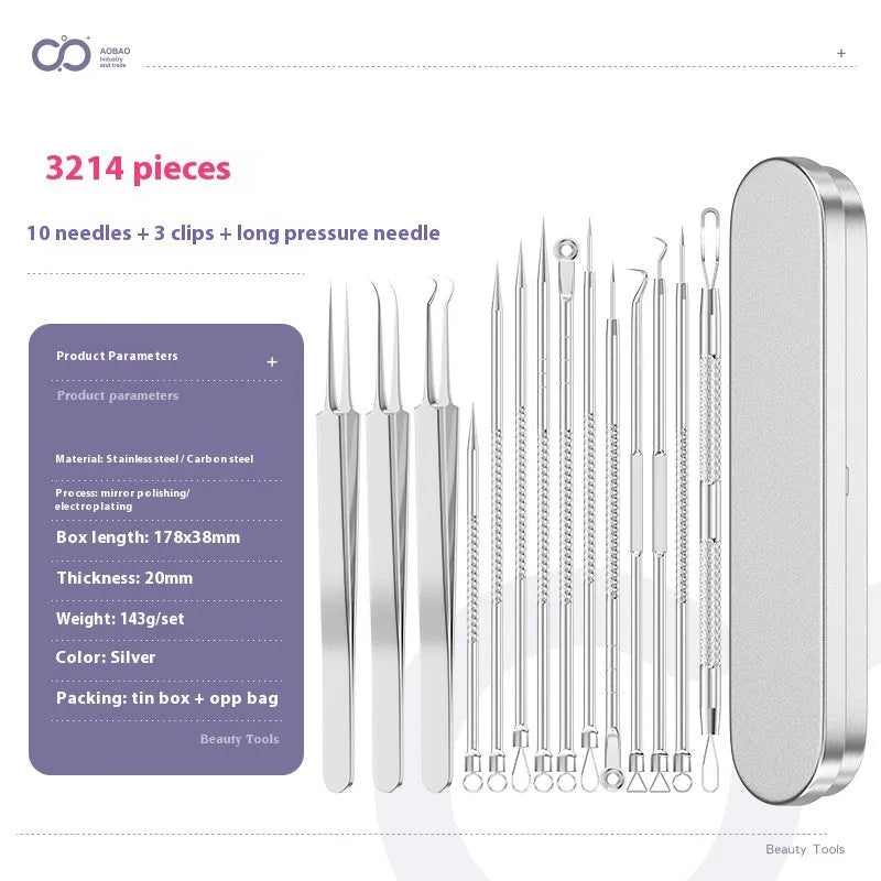 Four-piece silver metal acne needle set with fine-pointed needles and a clip for skin blemish removal.