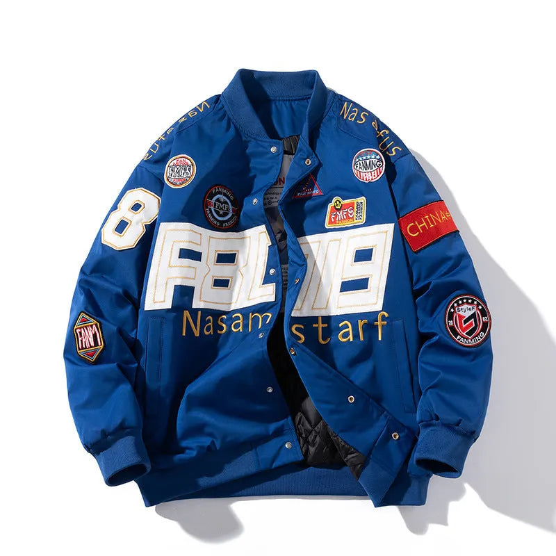 Black loose-fit motorcycle baseball jacket with a removable hood and side pocket.